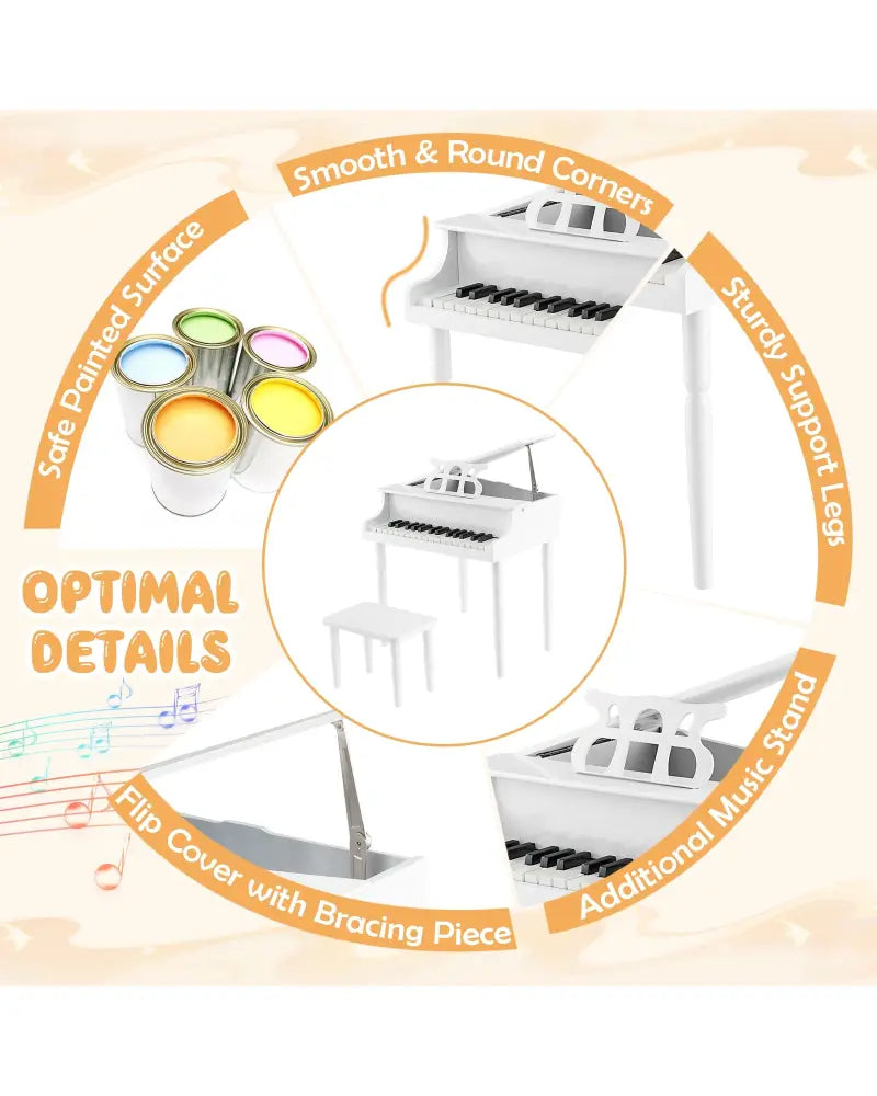 30-Key Wood Toy Kids Grand Piano with Bench and Music Rack-White - White - Pianos & Keyboards