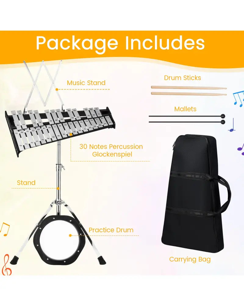 30 Notes Percussion with Practice Pad Mallets Sticks Stand - Black - Drums & Percussion