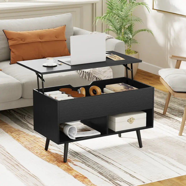 31.5 Inch Lift Top Coffee Table with Hidden Compartment and 2 Storage Shelves-Black Costway