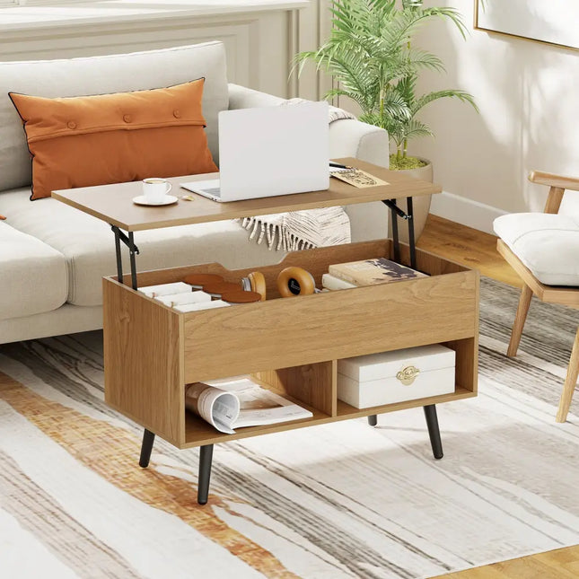 31.5 Inch Lift-Top Coffee Table with Hidden Storage and 2 Open Shelves-Natural Costway