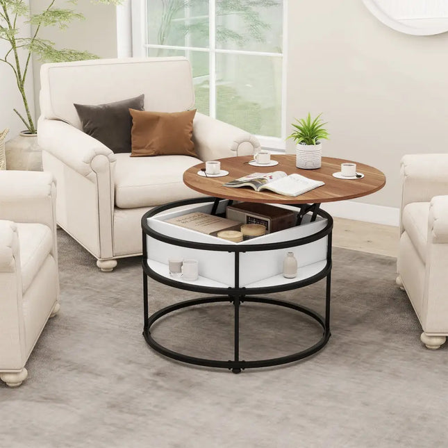 31.5 Inch Round Lift Top Coffee Table with Hidden Compartment and Side Shelves-Teak Costway