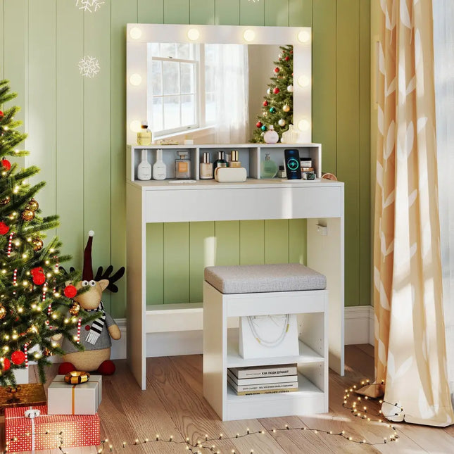 31.5 Inches Vanity Desk with 3 Lighting Modes and Storage Shelves-White Costway