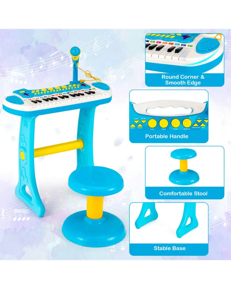 31-Key Kids Piano Keyboard Toy with Microphone and Multiple Sounds for Age 3+-Blue - Blue - Musical Toys