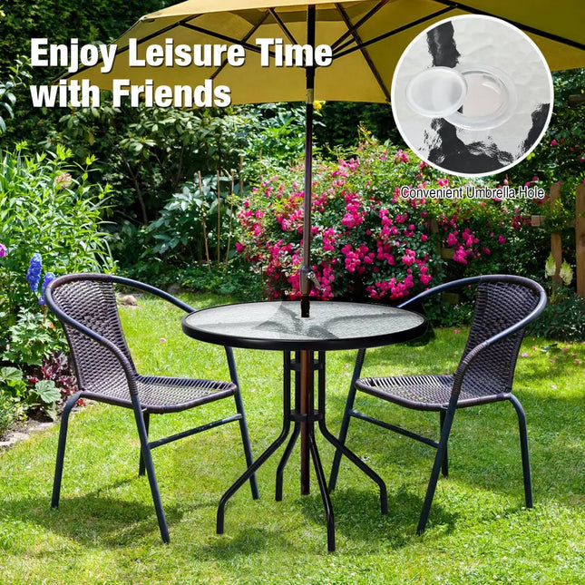 32 Inch Outdoor Patio Round Tempered Glass Top Table with Umbrella Hole - Transparent - Patio Dining Tables
