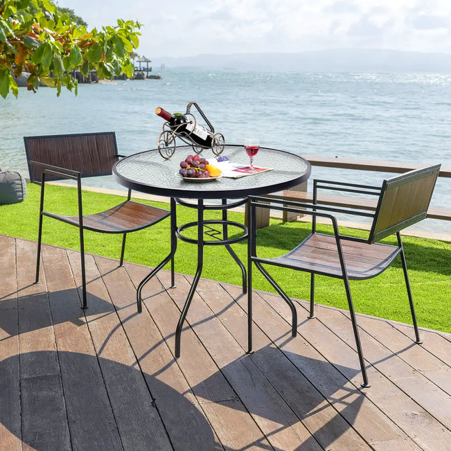 32 Inch Patio Tempered Glass Steel Frame Round Table with Convenient Umbrella Hole - Black - Patio Dining Tables
