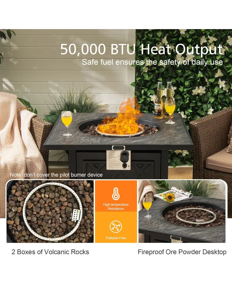 32 Inch Propane Fire Pit Table Square Tabletop with Lava Rocks Cover 50000 BTU-Black - Black - Fire Pit Tables