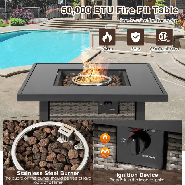 32 Inch Square Propane Fire Pit Table with Lava Rocks Cover-Gray - Gray - Fire Pit Tables