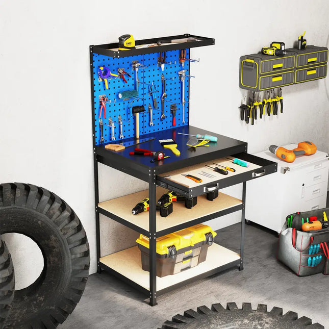32 x 16 Inch Workbench Work Table with 2 PCs Pegboard Drawer and Shelves-Navy - Navy - Garages