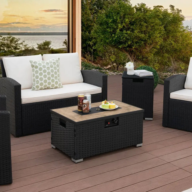 32 x 20 Inch Propane Rattan Fire Pit Table Set with Side Table Tank and Cover-Black - Black - Outdoor Heating