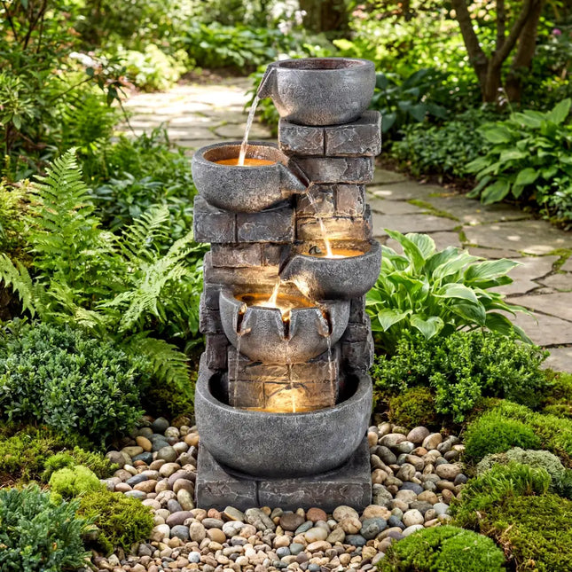 33’’ H Outdoor Water Fountain with LED Lights for Patio - Gray - Outdoor Decor