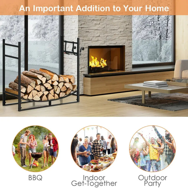 33 Inch Firewood Rack with Removable Kindling Holder Steel Fireplace Wood - Black - Log Storage