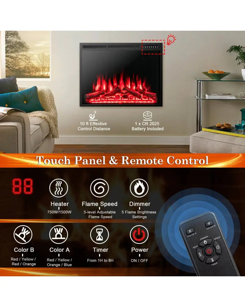 34/37 Inch Electric Fireplace Recessed with Adjustable Flames - Black - Fireplaces