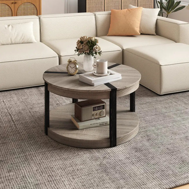 34.5" Rubber Wood 2-Tier Round Center Table with Spacious Tabletop and Storage Shelf-Gray Costway