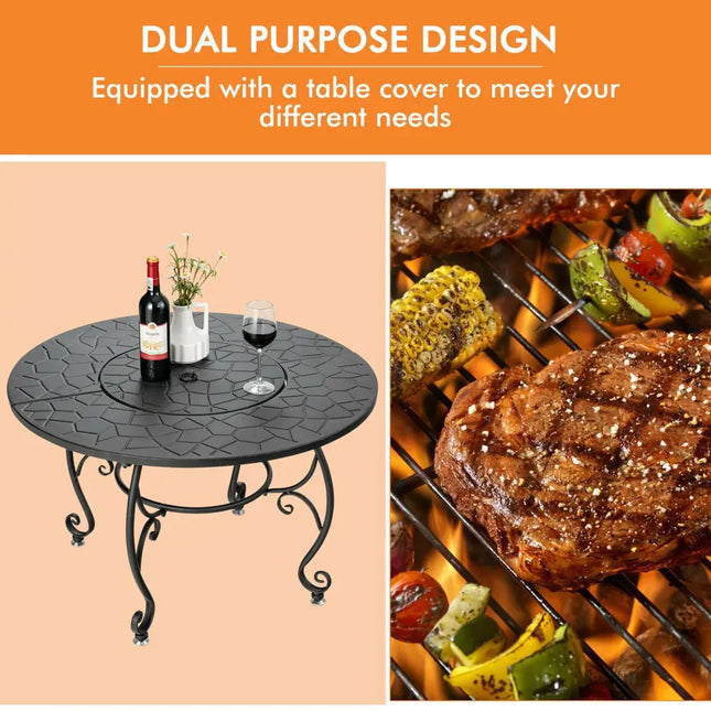 35.5 Feet Patio Fire Pit Dining Table With Cooking BBQ Grate - Black - Fire Pits