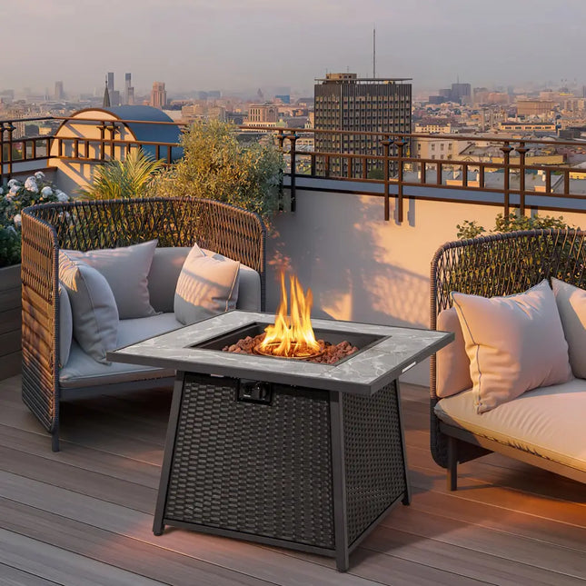 35 Inch Propane Gas Fire Pit Table Wicker Rattan with Lava Rocks PVC Cover-Black - Black - Fire Pit Tables