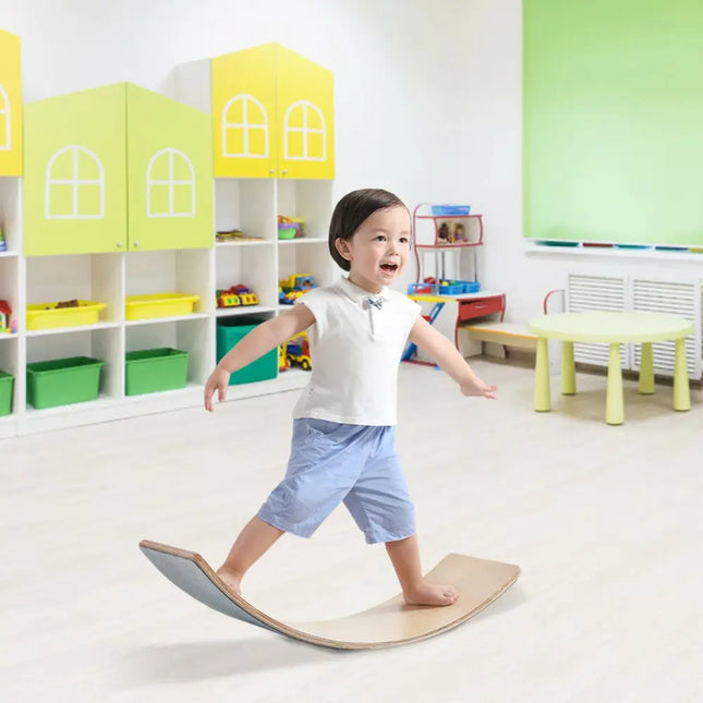 35 Inch Wooden Wobble Balance Board Kids Rocker Yoga Curvy Board Toy with Felt Layer-Natural - Natural - Toy Sports