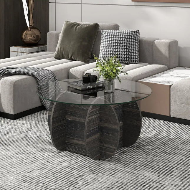 35" Round Coffee Table Unique Circle Center Table with Tempered Glass Top and Solid Wood Base-Black Costway