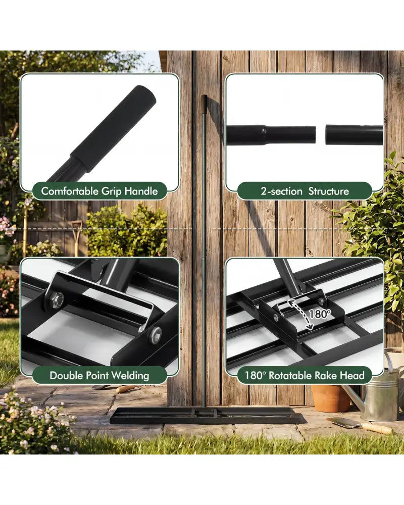 36 x 10 Inch Lawn Leveling Rake with Ergonomic Handle-Black - Black - Lawn Care Tools