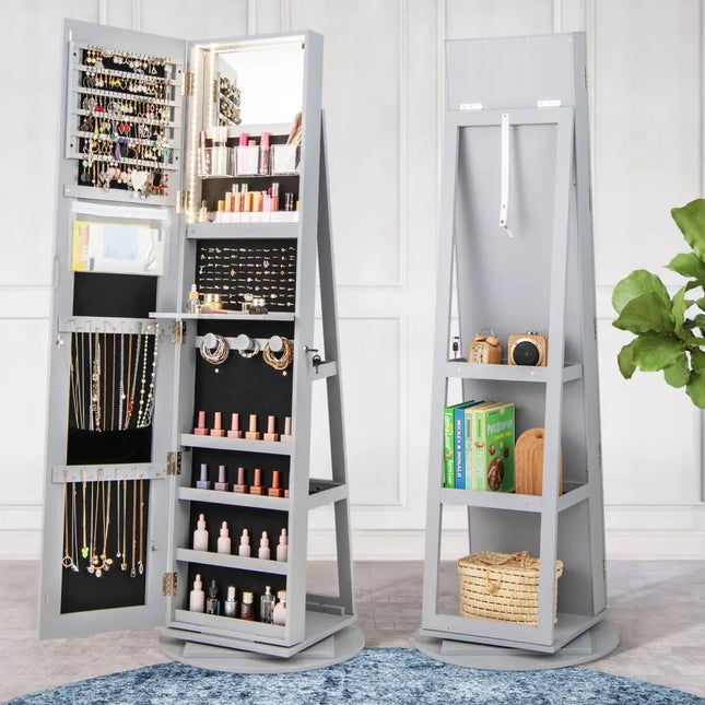 360° Rotating Mirrored Jewelry Cabinet Armoire 3 Color LED Modes Lockable-Gray Costway