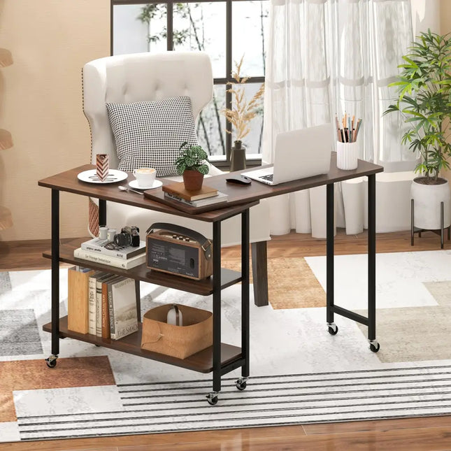360° Rotating Sofa Side Table with 2-Tier Storage Shelves-Walnut Costway