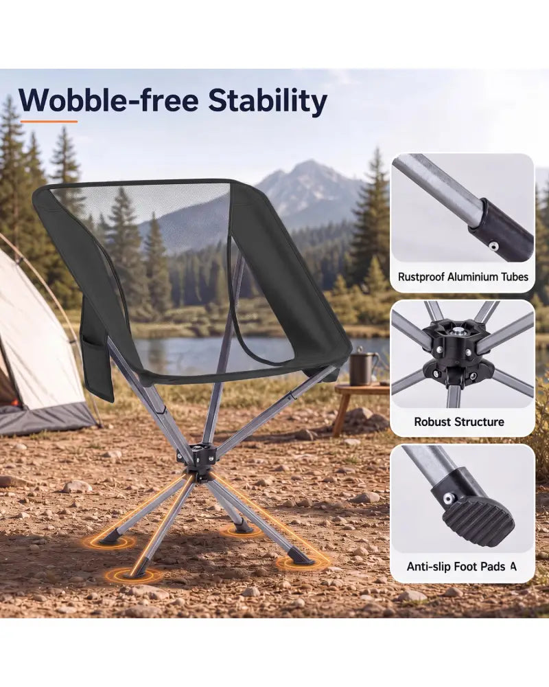 360° Swivel Camping Chair with Cup Holder and Side Pocket for Beach Support 300 LBS-Black - Black - Camping Furniture