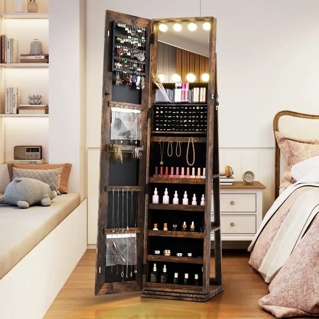 360° Swivel Freestanding Jewelry Cabinet with Lighted Full Length Mirror-Rustic Brown Costway