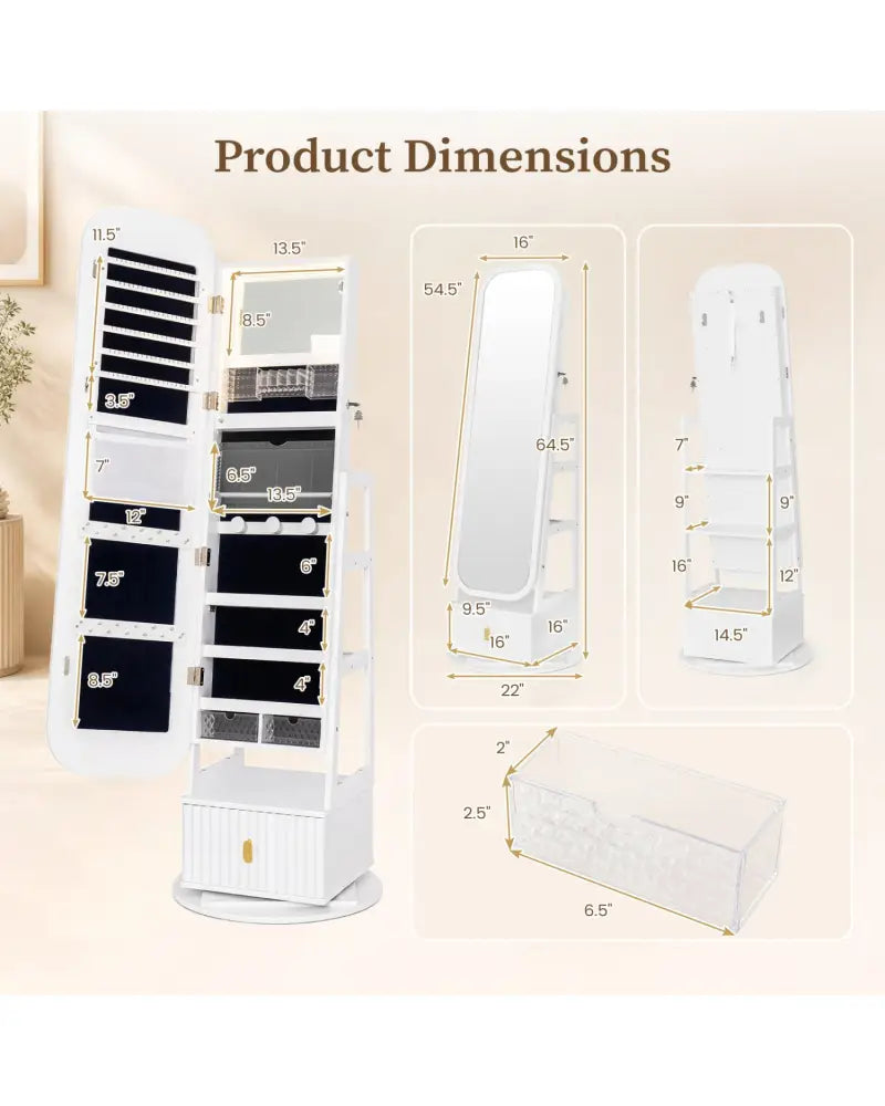 360° Swivel Jewelry Cabinet with Full-Length Mirror and Dual Hooks-White - White - Jewelry Armoires