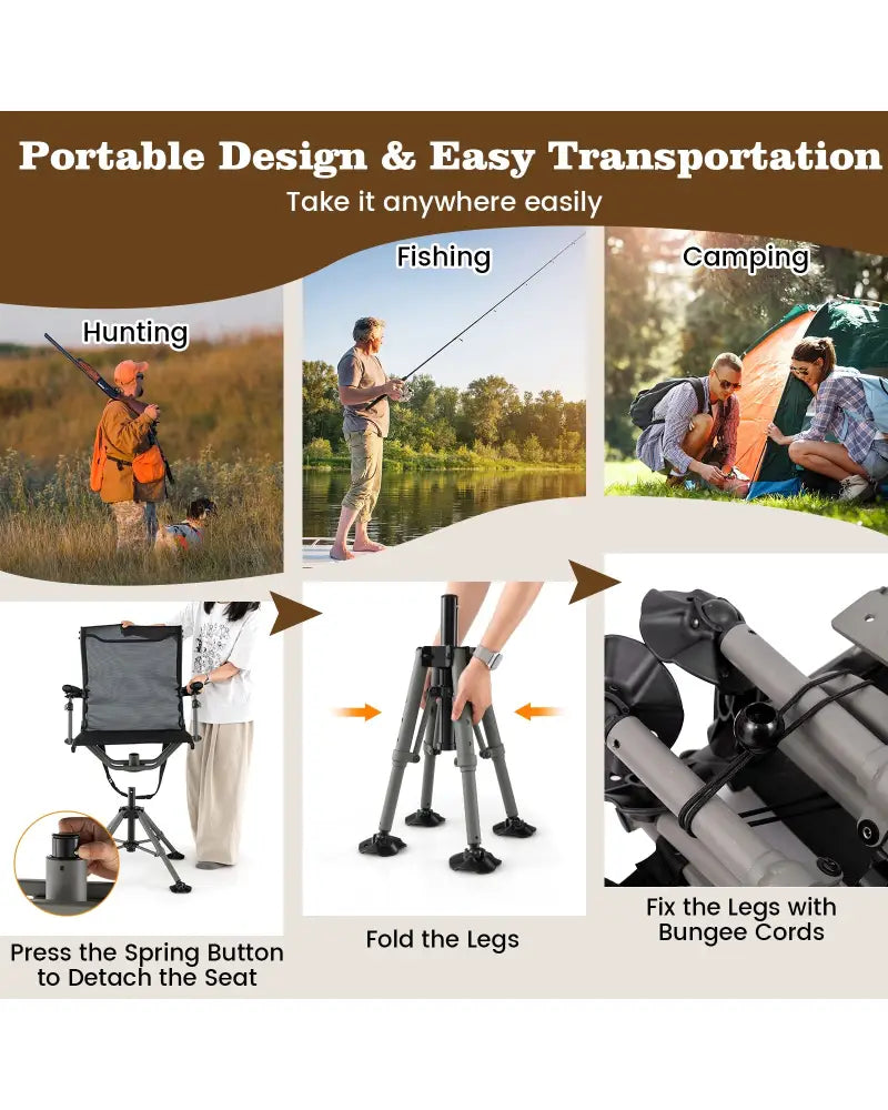 360° Swivel Portable Hunting Chair with Adjustable Legs and Armrests-Black - Black - Camping Furniture