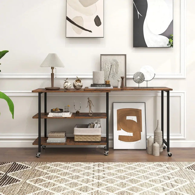 360° Rotating Sofa Side Table with 2-Tier Storage Shelves-Rustic Brown Costway