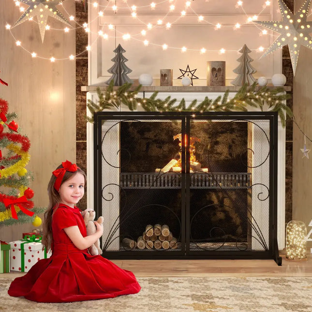 38 x 31 Inch Double Door Fireplace Screen-Black - Black - Fireplace Tools