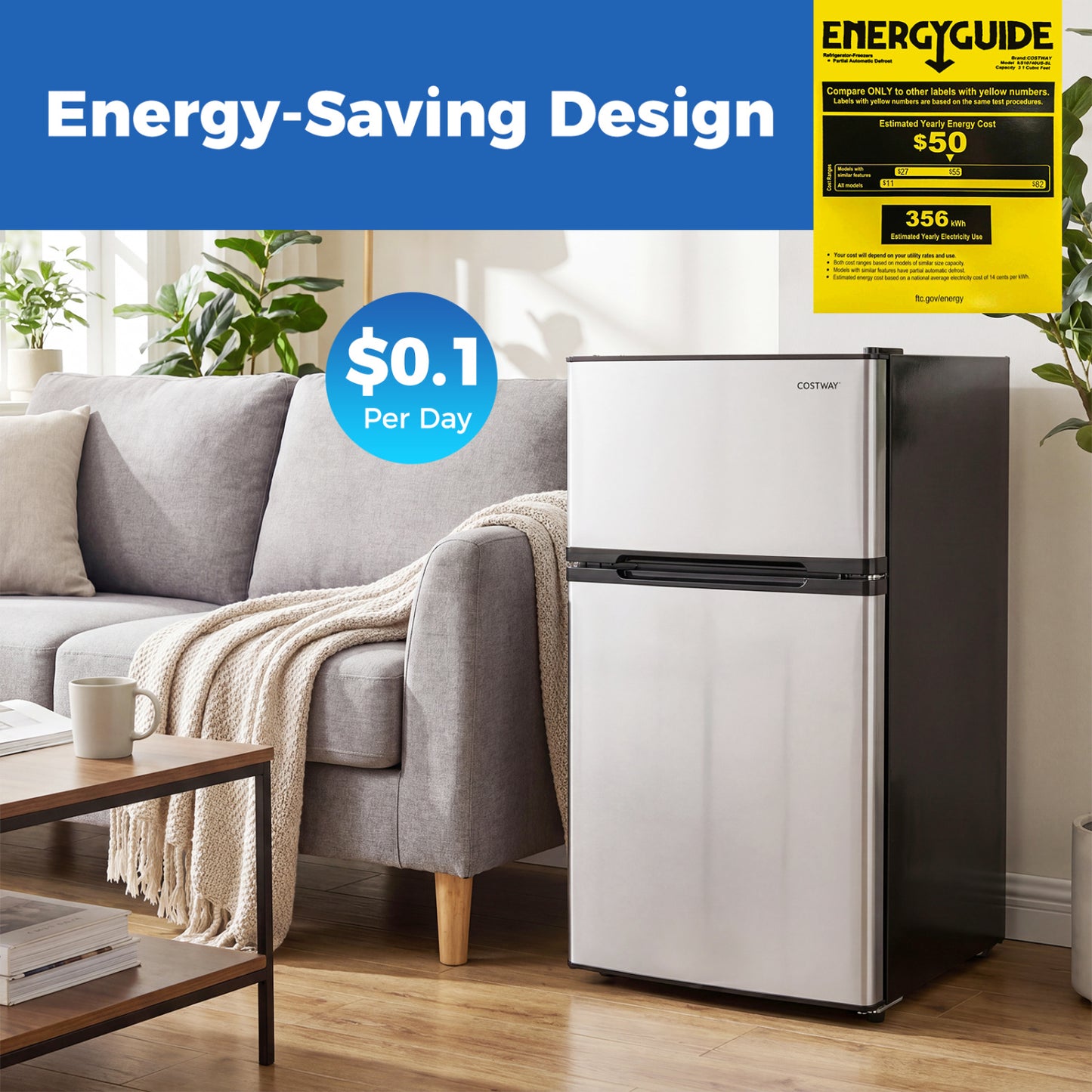 3.2 Cu.Ft Mini Fridge with Freezer Double Door Small Refrigerator with Adjustable Thermostat-Silver