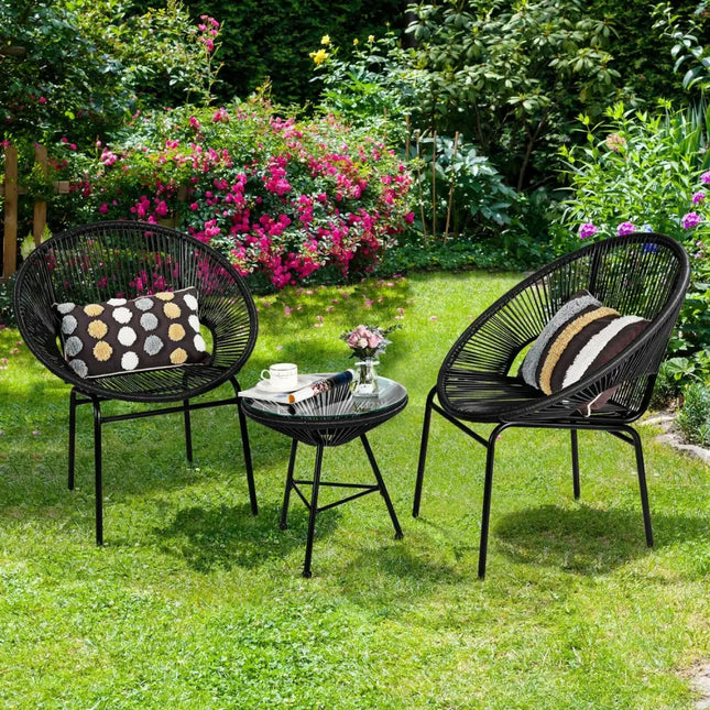 3PCS Patio Acapulco Furniture Bistro Set with GlassTable-Black - Black - Patio Conversation Sets