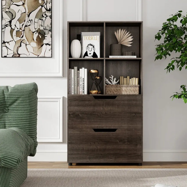 4-Cube Bookcase with 2 Drawers 51 inch 5-Tier Tall Freestanding Bookshelf-Gray Costway