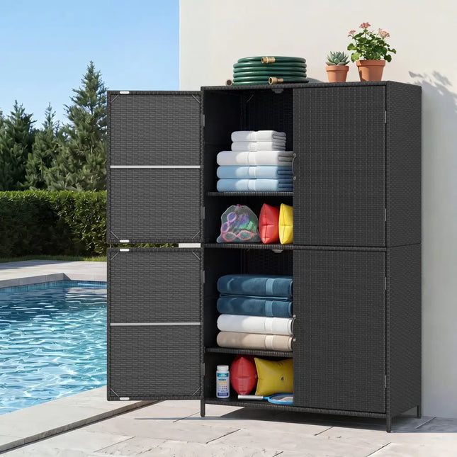 4-Door Rattan Vertical Storage Shed with Adjustable Shelves-Black - Black - Sheds & Outdoor Storage