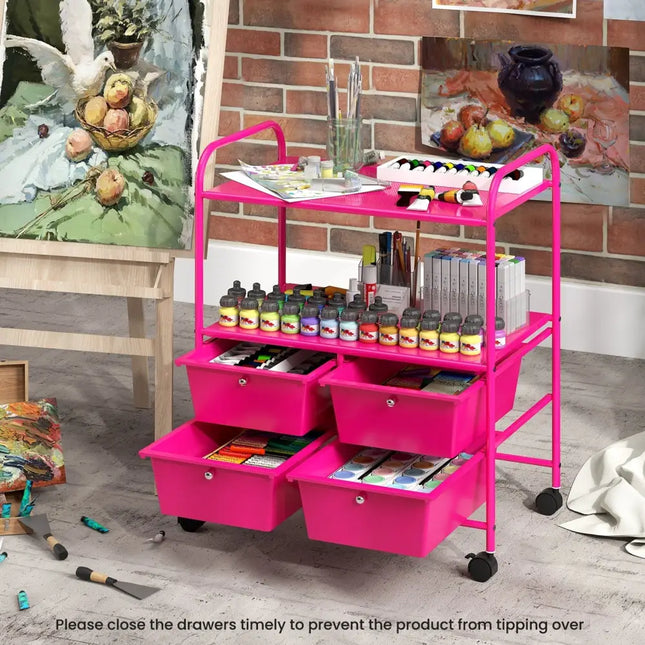 4 Drawers Shelves Rolling Storage Cart Rack-Hot Pink Costway