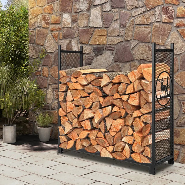 4 Feet Firewood Rack Stand with Mesh Sides - Black - Log Storage