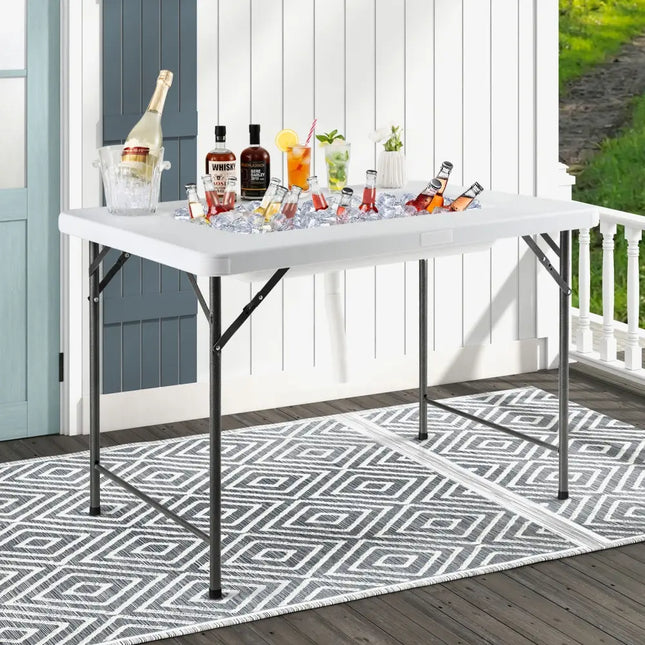 4 Feet Folding Ice Bin Table with Skirt for Camping Picnic Wedding-White - White - Camping Furniture