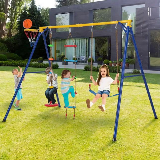 4-in-1 660 lbs Heavy Duty Swing Set for Kids Aged 3-9 Years Old-Yellow - Yellow - Swing & Playsets