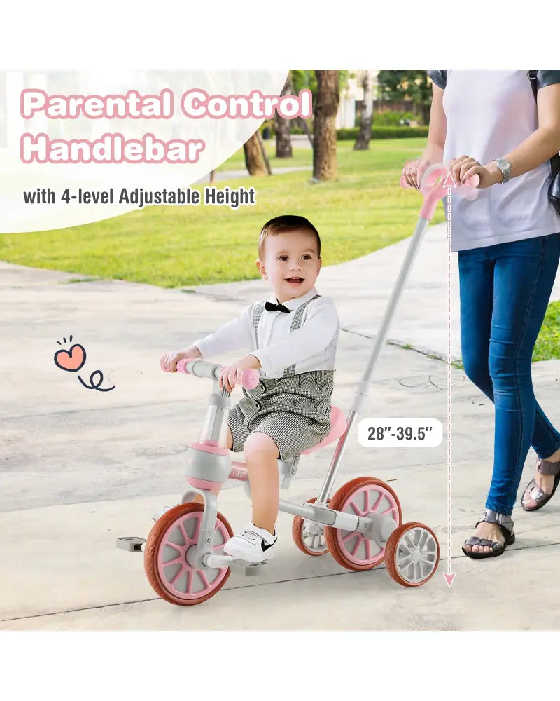 4-in-1 Kids Trike Bike with Adjustable Parent Push Handle and Seat Height-Pink - Pink - Push & Pedal Ride On Toys