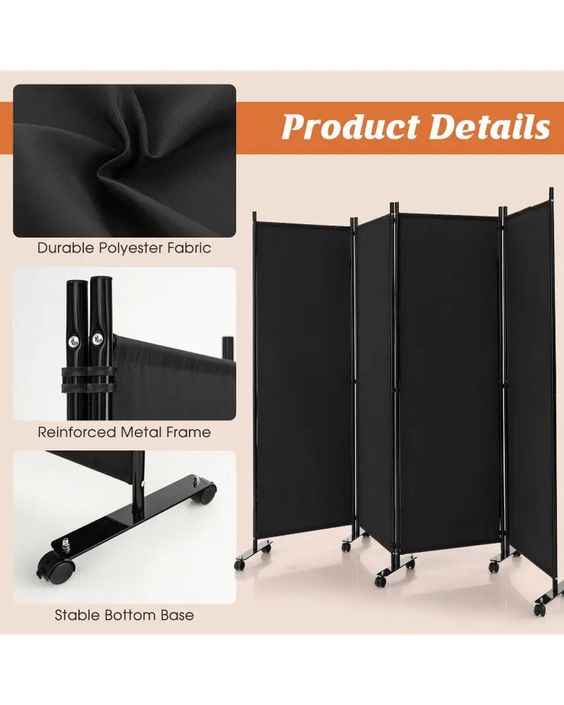 4-Panel Folding Room Divider 6 Feet Rolling Privacy Screen with Lockable Wheels-Black - Black - Room Dividers