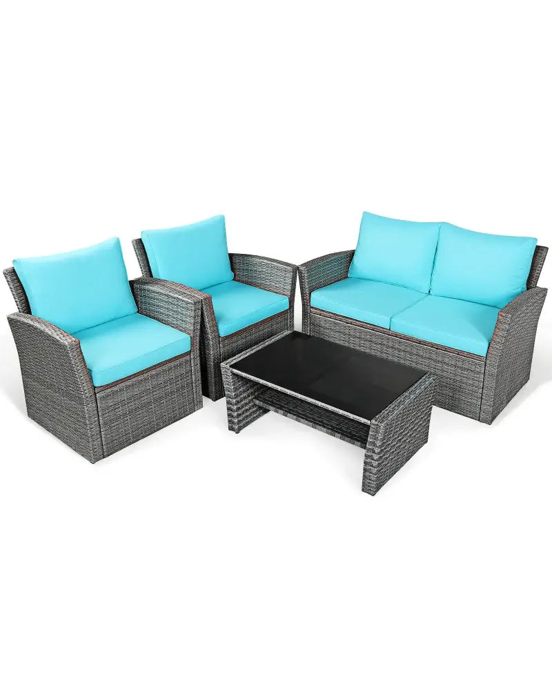 4 Pcs Patio Rattan Furniture Set Sofa Table with Storage Shelf Cushion-Turquoise - Turquoise - Patio Furniture Sets