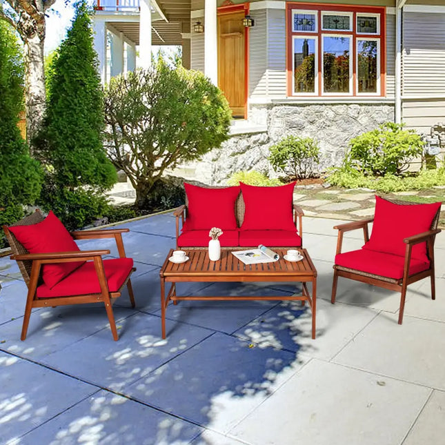 4 Piece Acacia Wood Patio Rattan Furniture Set-Red - Red - Patio Furniture Sets