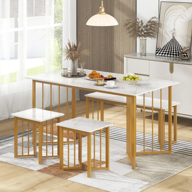 4 Piece Dining Table Set with Bench and 2 Stools-White Costway