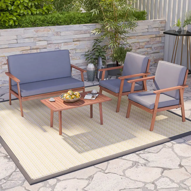 4 Piece Outdoor Acacia Wood Conversation Set with Soft Seat and Back Cushions-Gray - Gray - Patio Conversation Sets