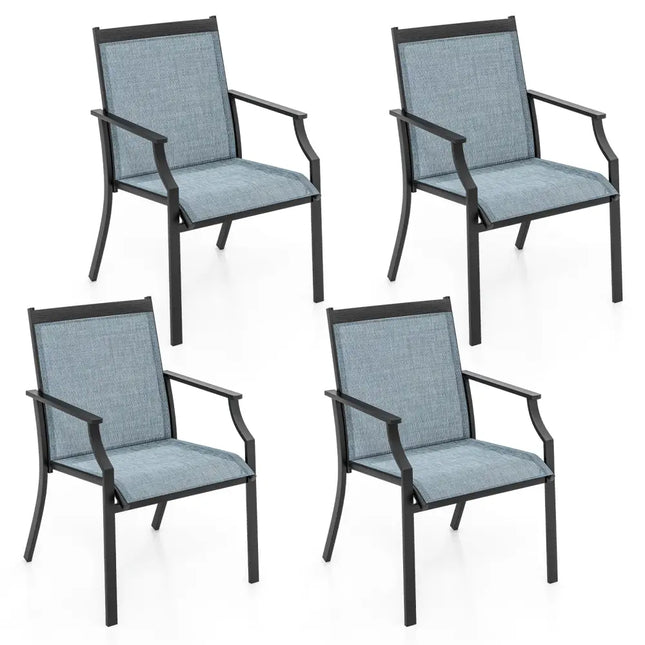 4 Piece Patio Dining Chairs Large Outdoor Chairs with Breathable Seat and Metal Frame-Blue - Blue - Patio Dining Chairs