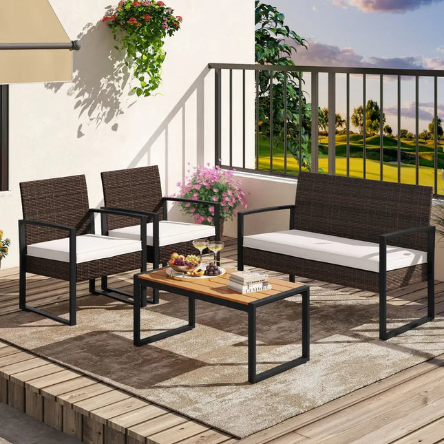 4 Piece Patio Furniture Set Outdoor Rattan Conversation Set with Cushioned Chairs and Wood Plastic Coffee Table-Off