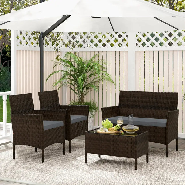 4 Piece Patio Rattan Conversation Set with Cozy Seat Cushions-Gray - Gray - Patio Conversation Sets