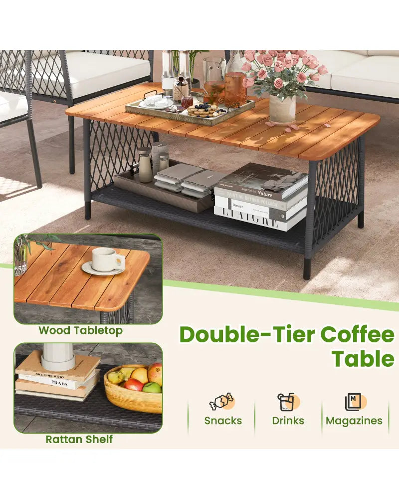 4 Piece Patio Rattan Furniture Set with 2-Tier Coffee Table-White - White - Patio Conversation Sets