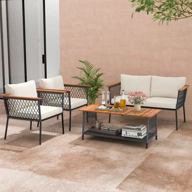 4 Piece Patio Rattan Furniture Set with 2-Tier Coffee Table-White - White - Patio Conversation Sets