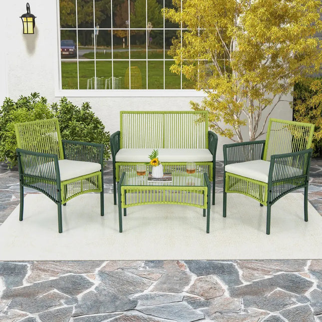 4 Piece Patio Round Wicker Conversation Set - Multicolor - Patio Conversation Sets